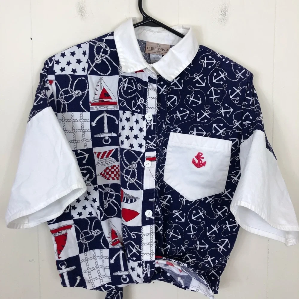 Vintage Nautical Print Button Down Crop Top Sz L - Picture 3 of 9